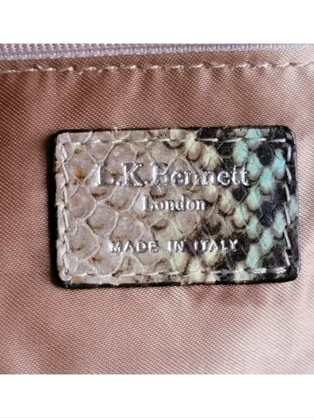 L.K. Bennett Anna Python Snakeskin Satchel Tan Blue Leather Italy Bag